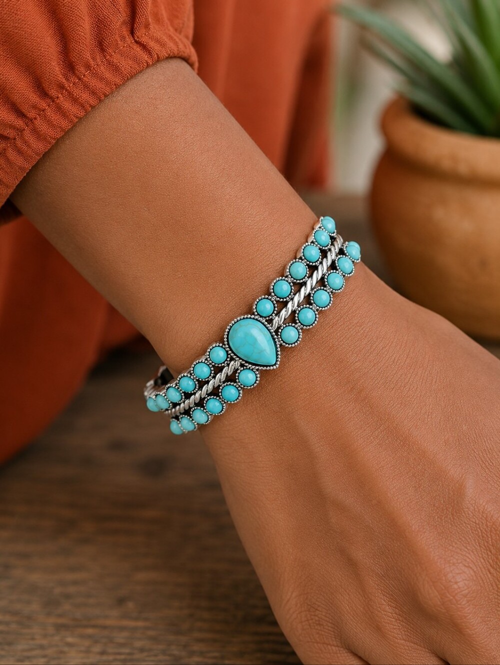 Turquoise Statement Complete Set- Necklace, Earrings, Bracelet & Ring Set - Picture 3 of 5